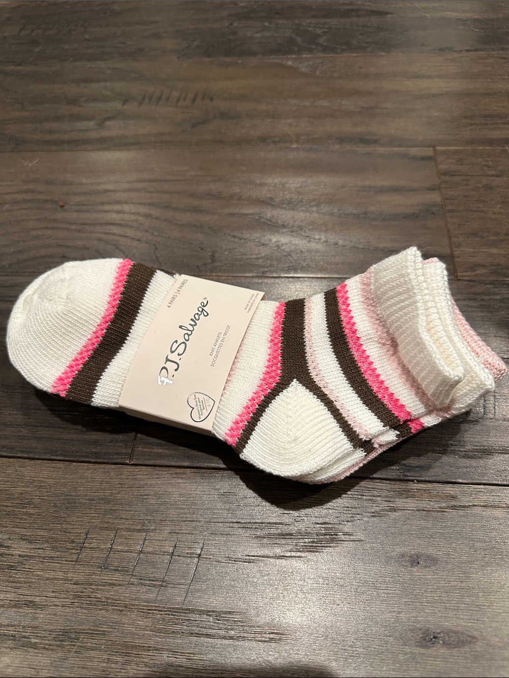 NWT P.J. Salvage White Ankle Socks with Pink & Brown Stripes